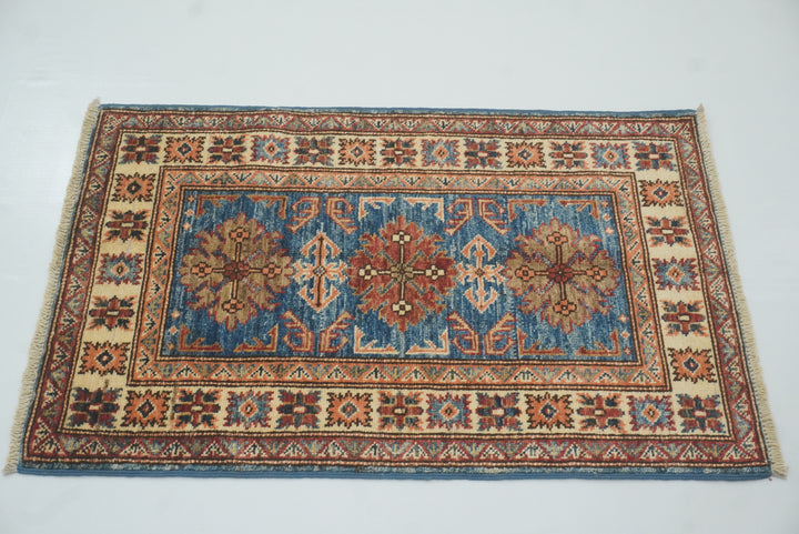 2x3 Blue Kazak Hand-Knotted Afghan Rug - Yildiz Rugs