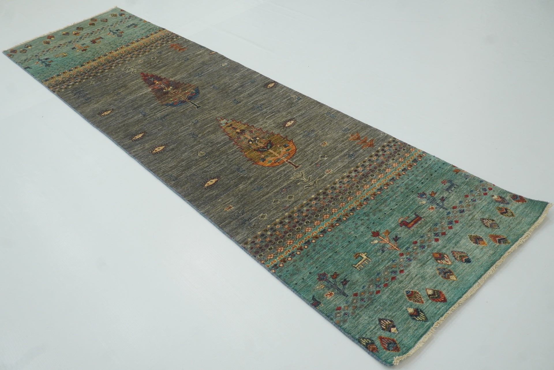 10 ft Gray Blue Gabbeh Tree Afghan Hand Knotted Runner Rug