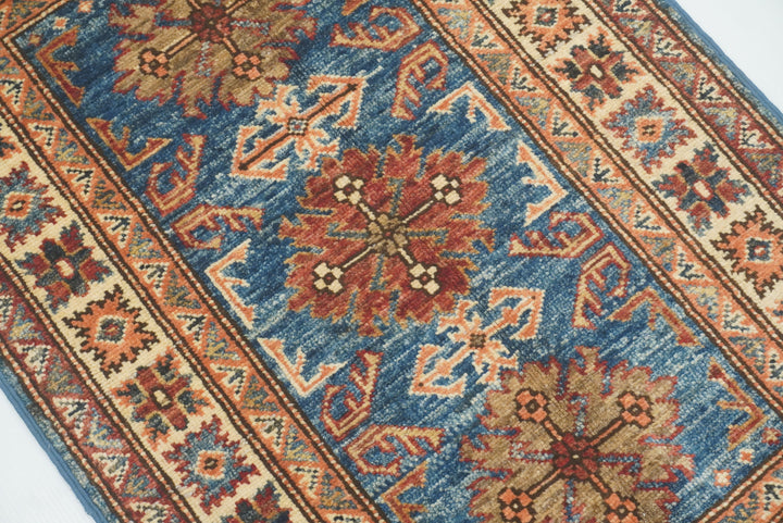 2x3 Blue Kazak Hand-Knotted Afghan Rug - Yildiz Rugs