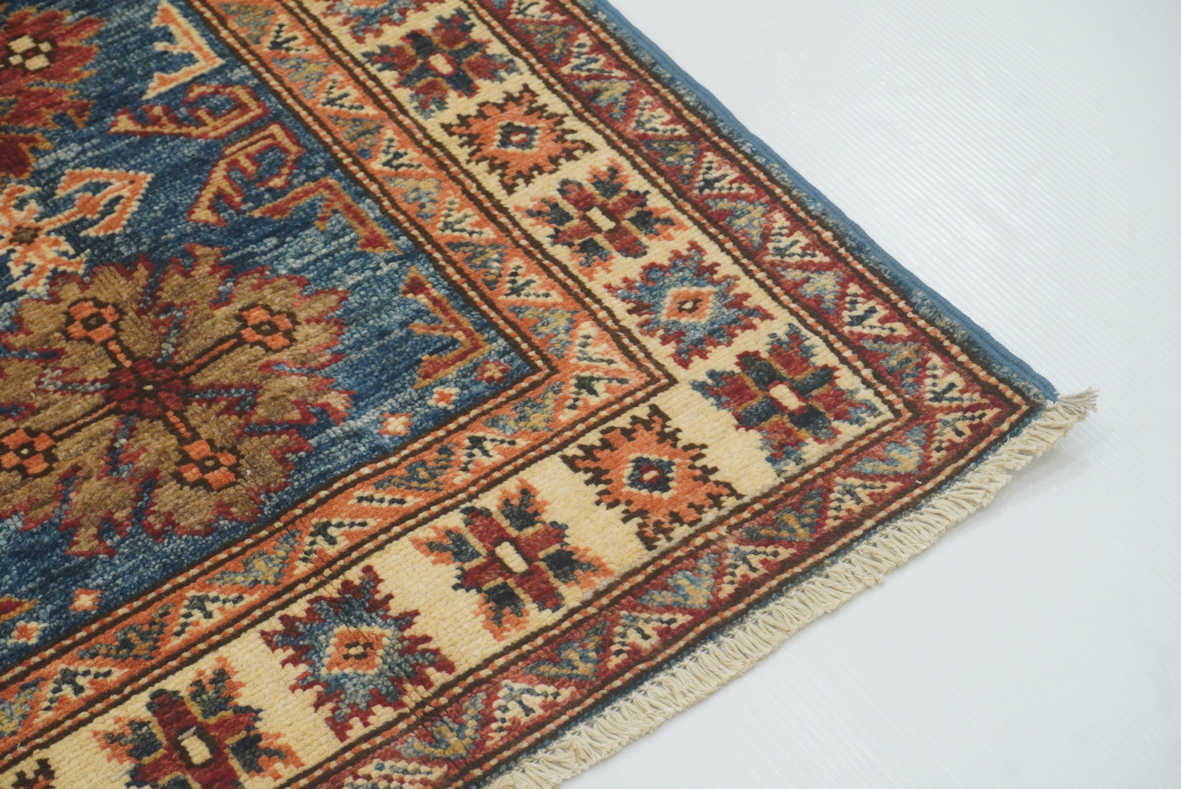 2x3 Blue Kazak Hand-Knotted Afghan Rug - Yildiz Rugs