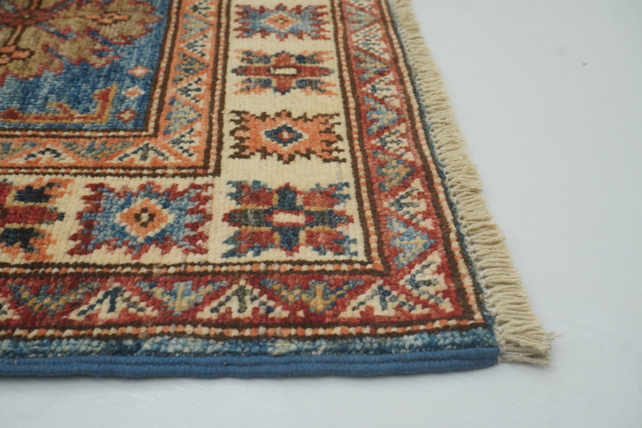 2x3 Blue Kazak Hand-Knotted Afghan Rug - Yildiz Rugs