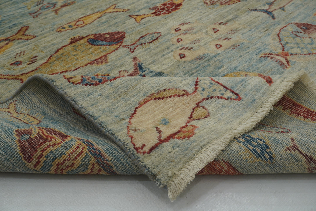 4x6 Muted Blue Fish Afghan Hand knotted Gabbeh Rug