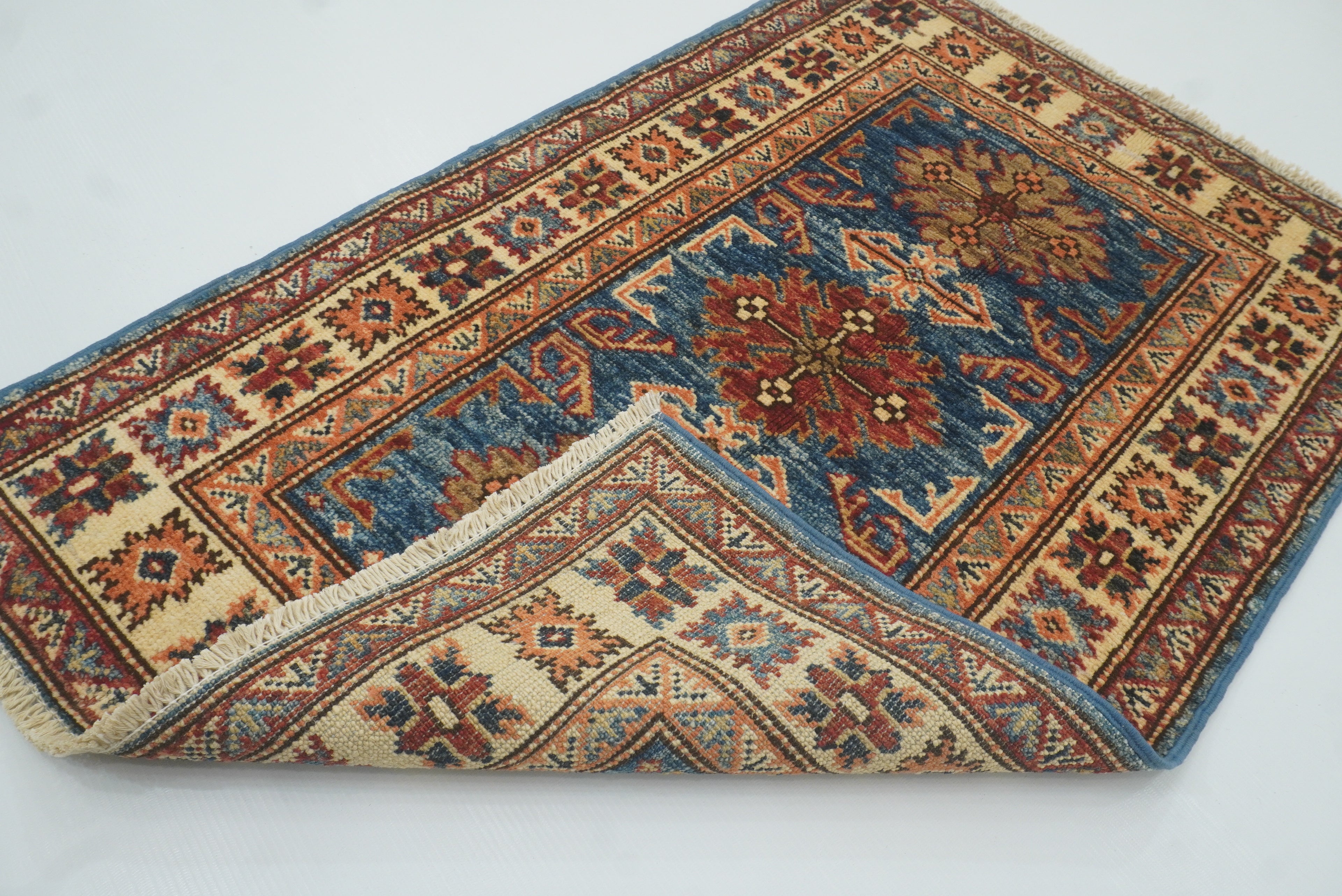 2x3 Blue Kazak Hand-Knotted Afghan Rug - Yildiz Rugs