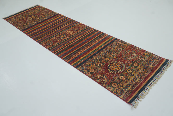 2'8"x9'6" Red Tribal Hand-Knotted Wool Runner Rug - Yildiz Rugs