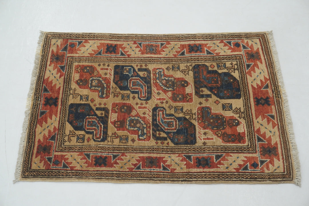 2x3 Beige Vintage Baluch Afghan Hand knotted Rug