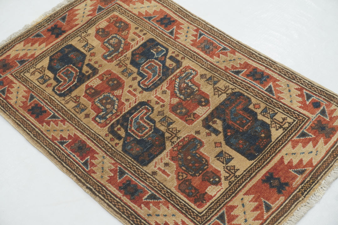 2x3 Beige Vintage Baluch Afghan Hand knotted Rug