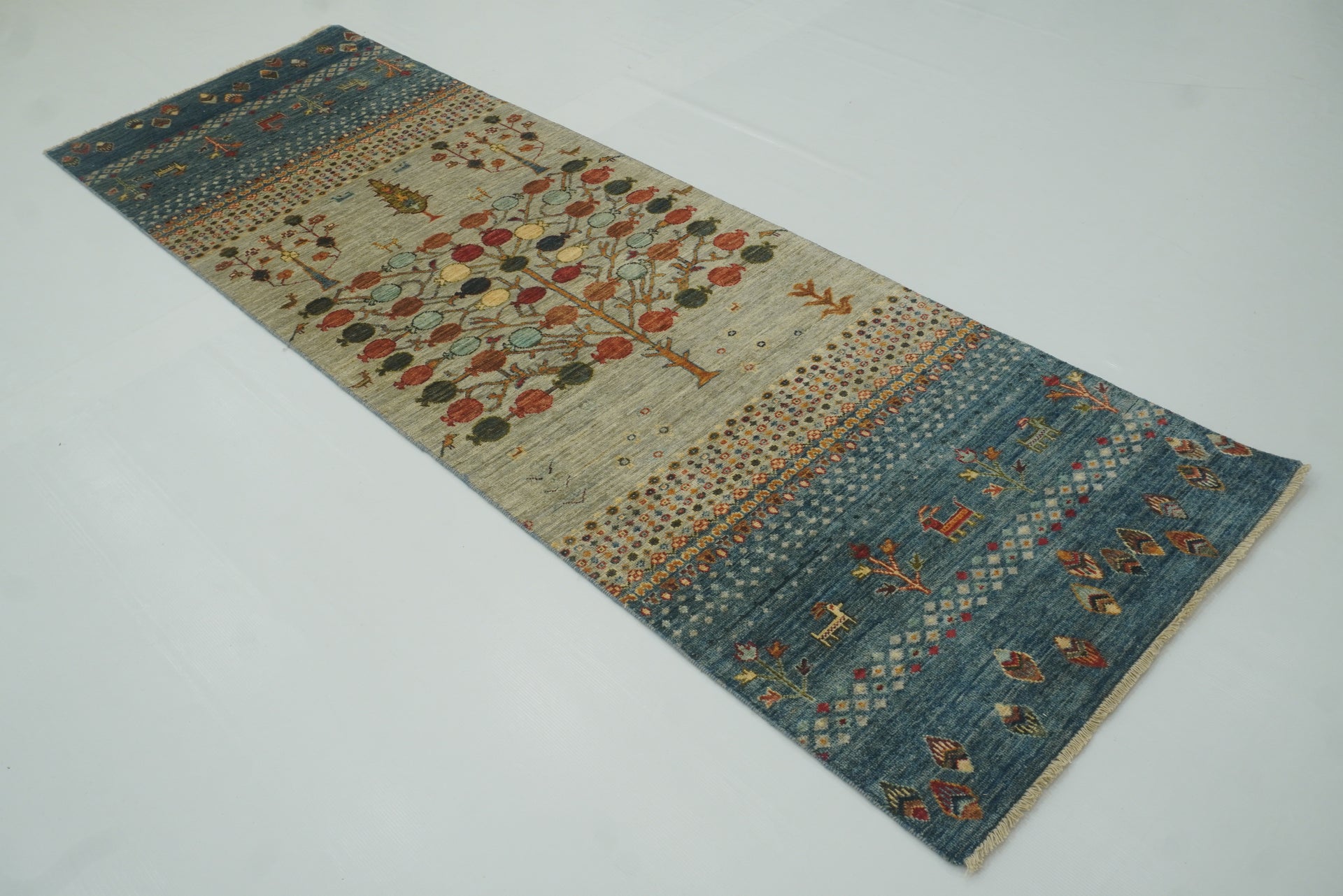 9 ft Blue Gabbeh Tree Afghan Hand Knotted Wool Runner Rug