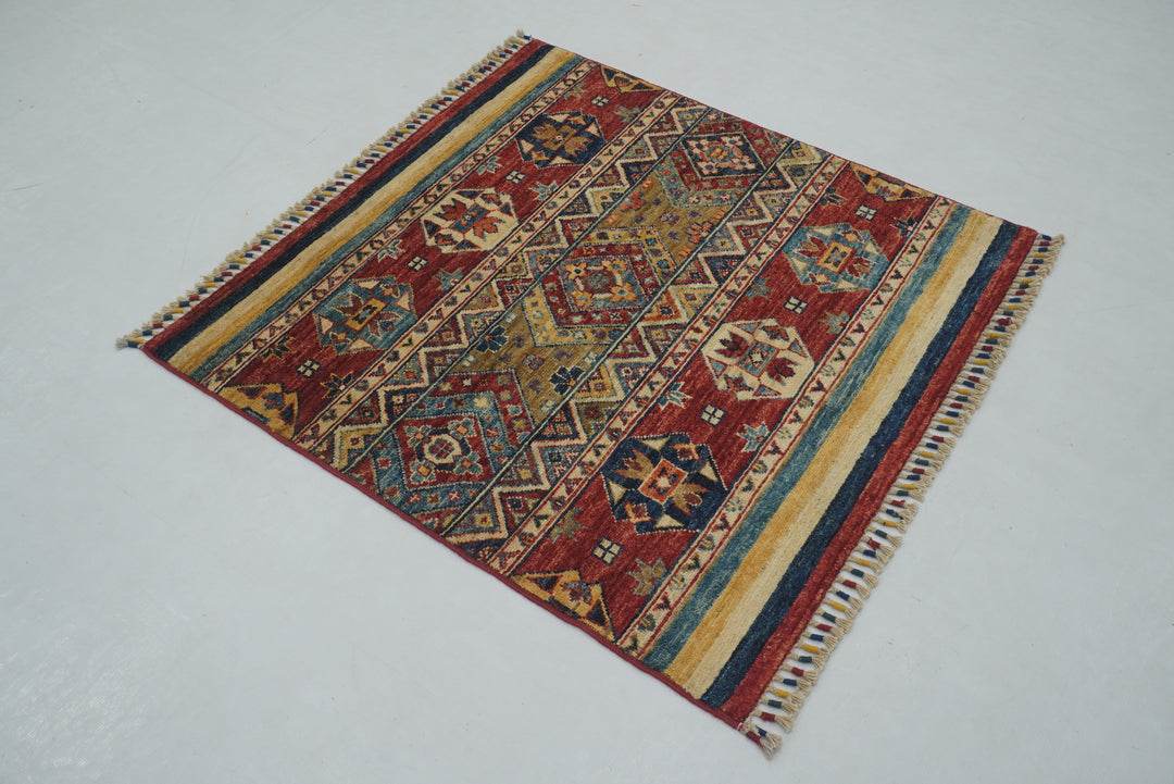 3x3 Red Tribal Afghan Handmade Square Rug