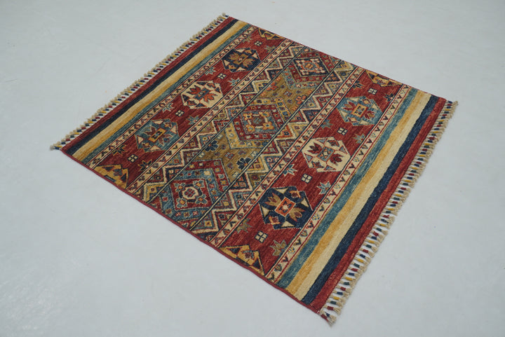 3x3 Red Tribal Afghan Handmade Square Rug