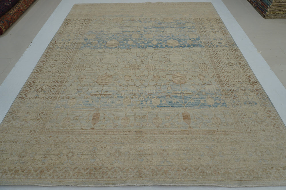 9x11 Vintage Khotan Muted Faded Beige Blue Afghan Hand knotted Rug - Yildiz Rugs