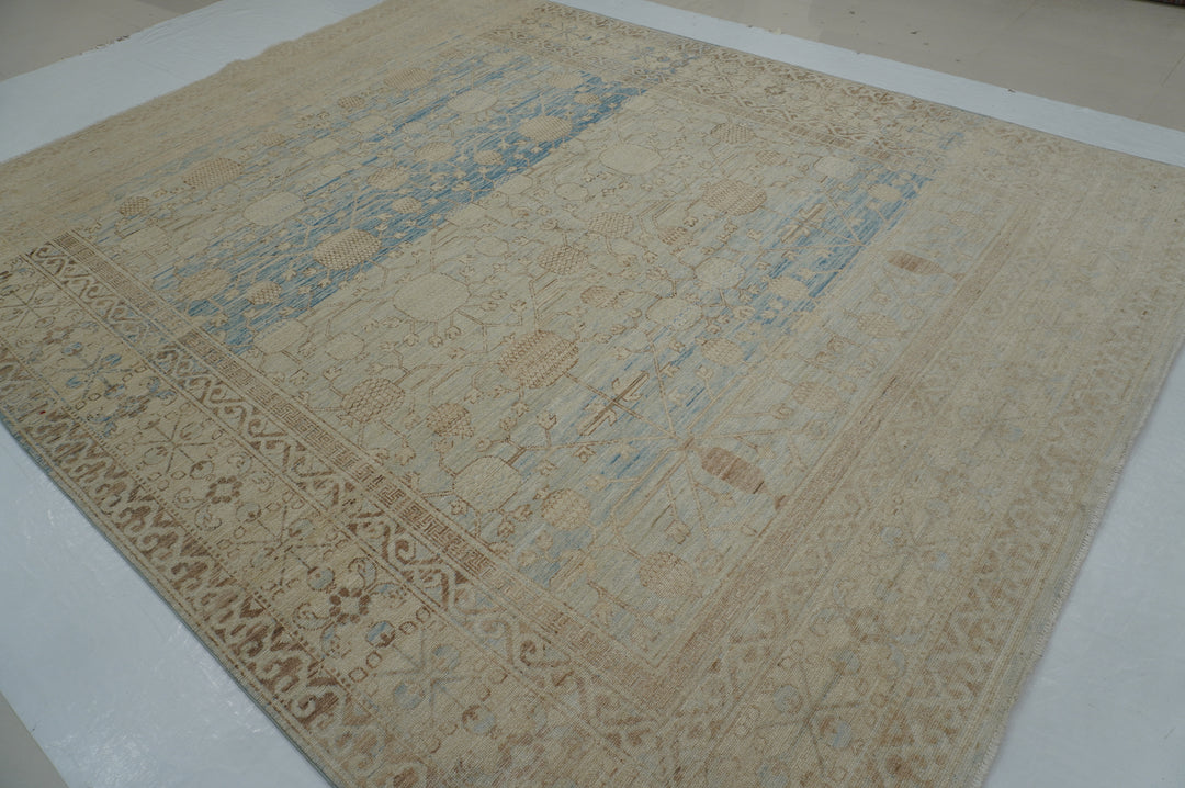 9x11 Vintage Khotan Muted Faded Beige Blue Afghan Hand knotted Rug - Yildiz Rugs