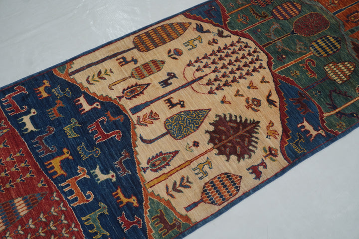 11 ft Blue Gabbeh Tree of Life Animal Landscape Afghan Runner Rug