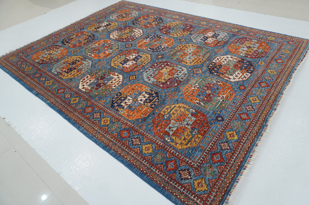 8x10 Blue Ersari Afghan hand knotted Geometric Oriental Rug - Yildiz Rugs