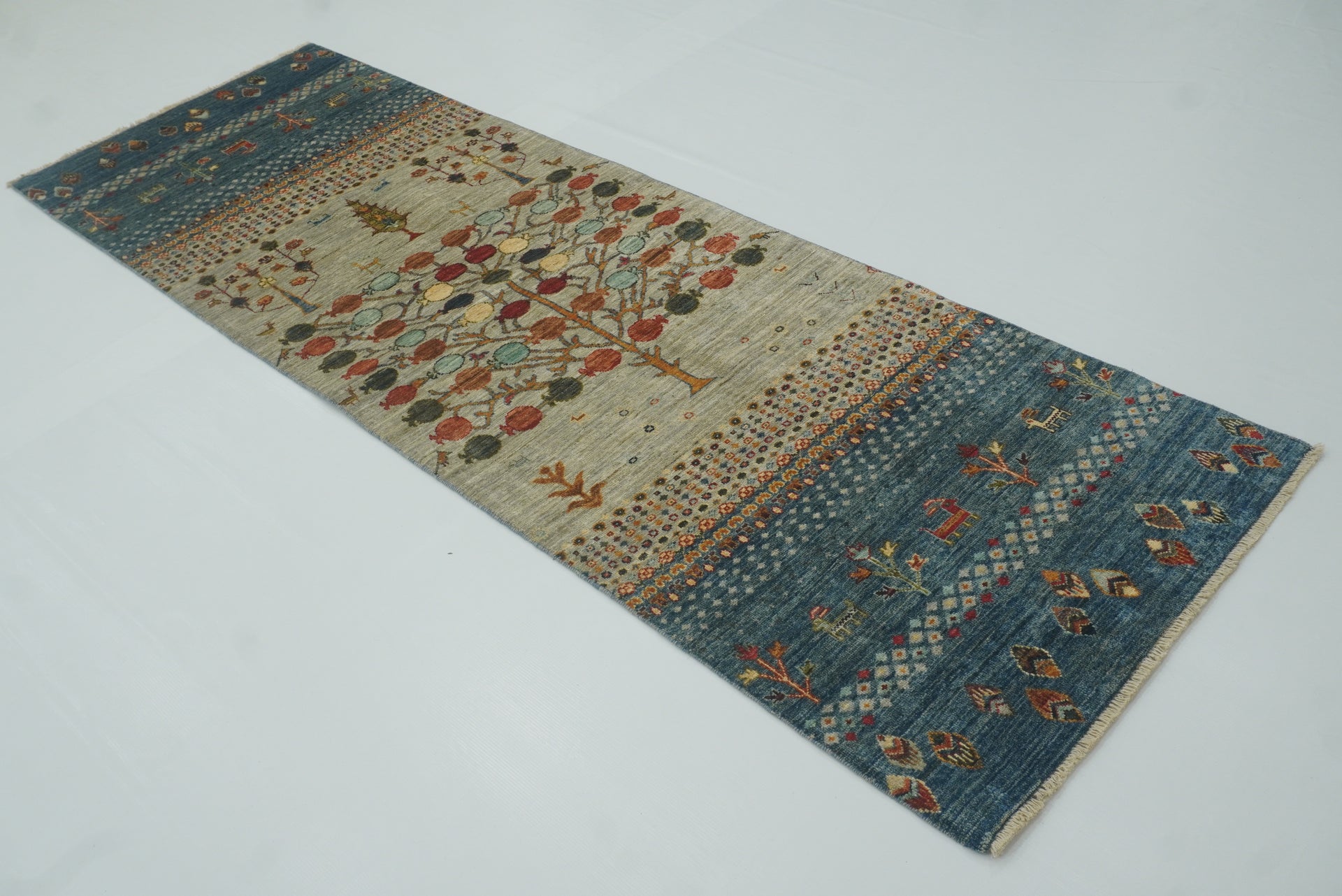 9 ft Blue Gabbeh Tree Afghan Hand Knotted Wool Runner Rug