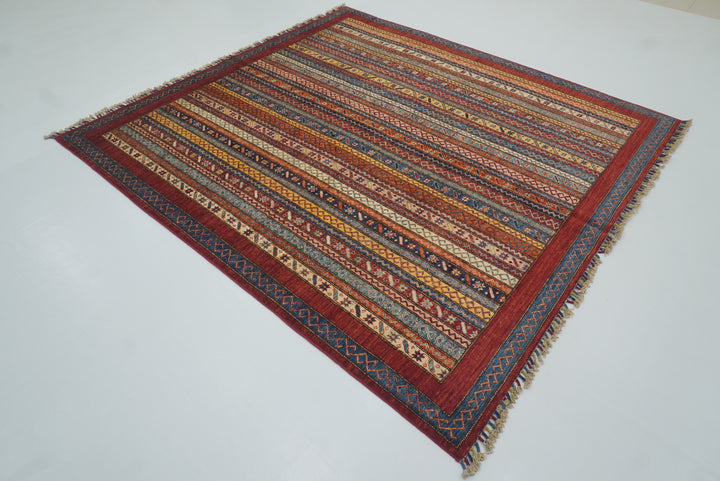 7x7 Red Afghan Hand Knotted Wool Shawl Square Rug - Yildiz Rugs