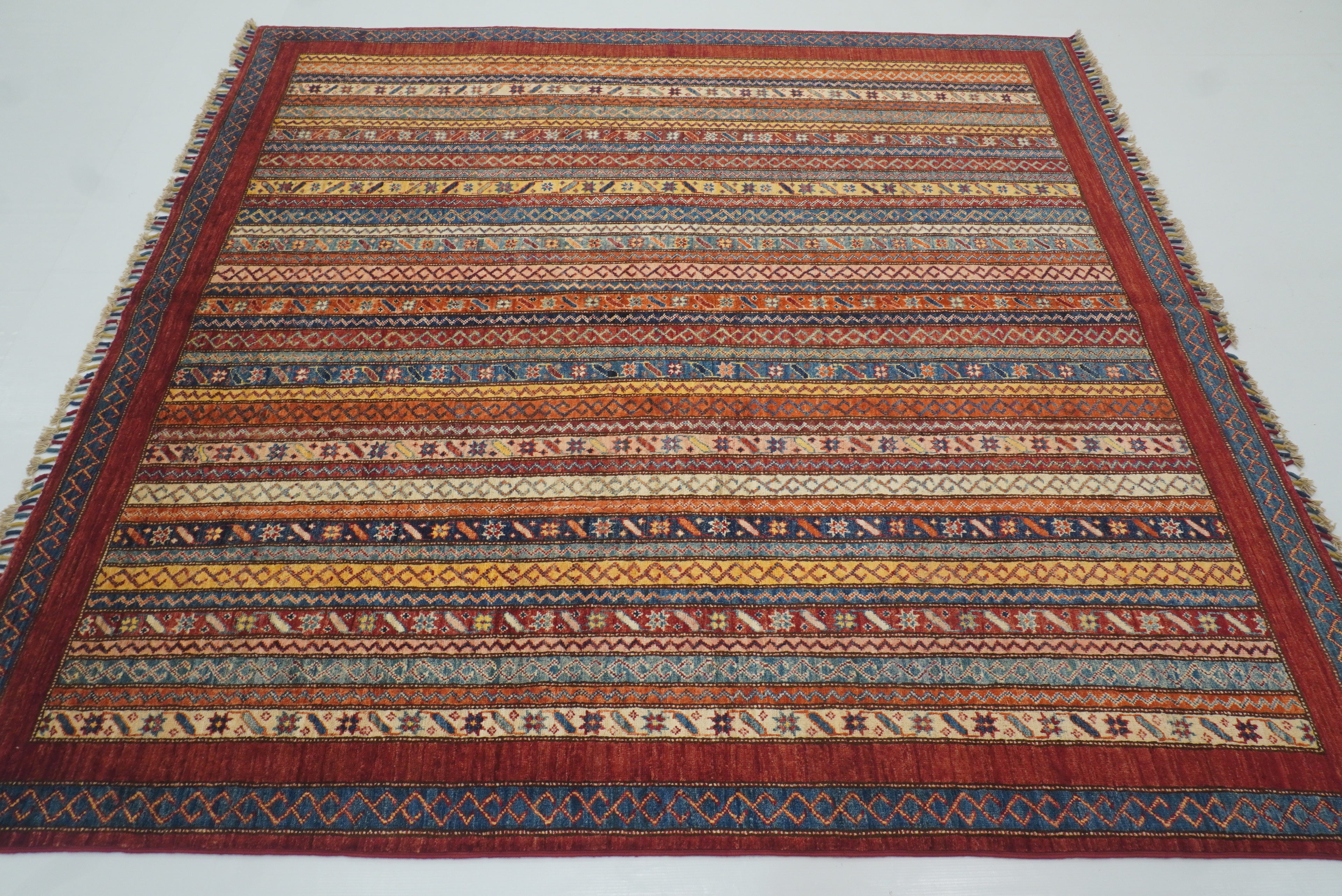 7x7 Red Afghan Hand Knotted Wool Shawl Square Rug - Yildiz Rugs