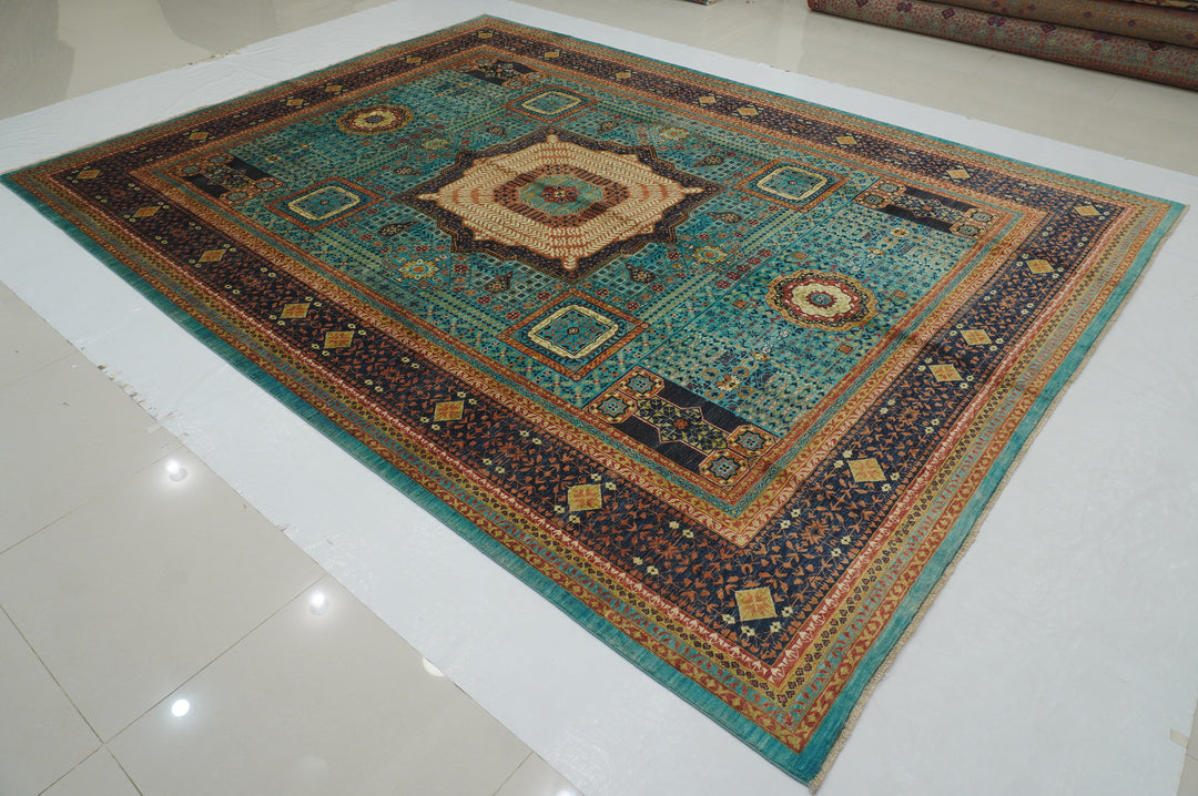 9x12 Turquoise Blue Mamluk Hand knotted Geometric Turkish Rug