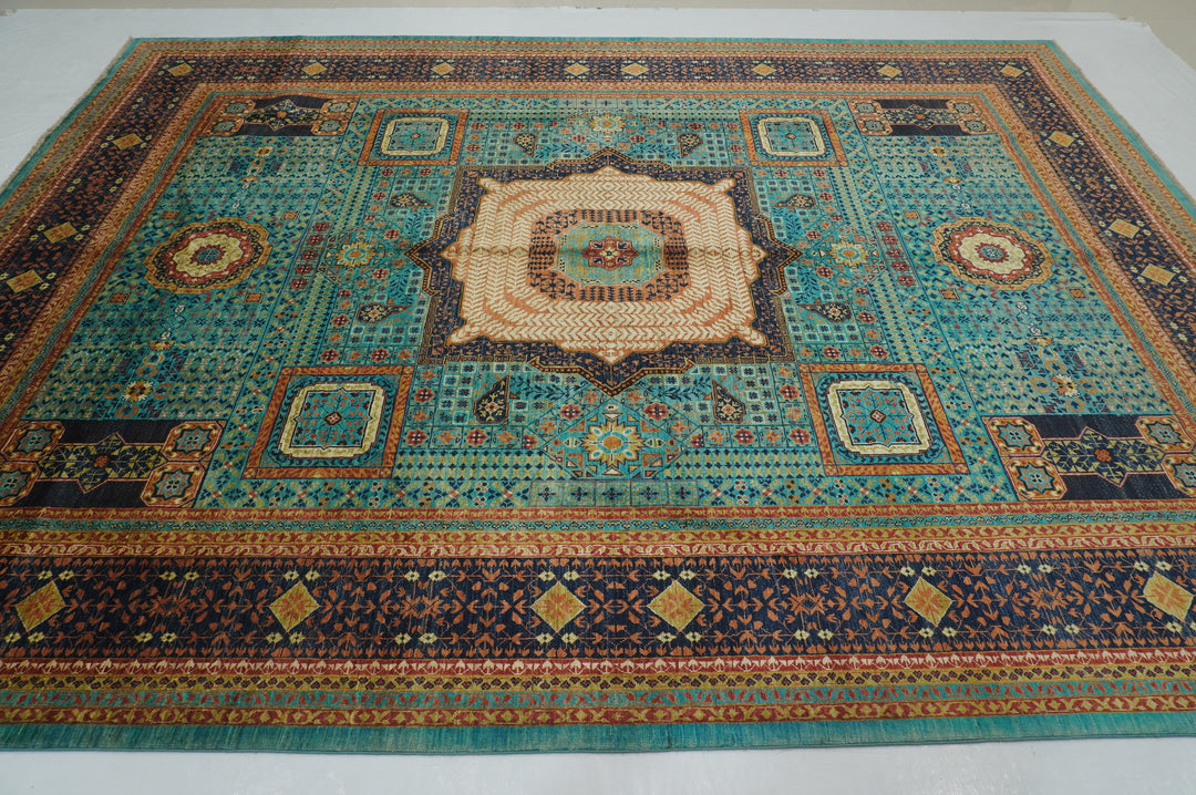 9x12 Turquoise Blue Mamluk Hand knotted Geometric Turkish Rug