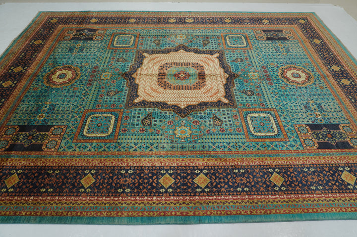 9x12 Turquoise Blue Mamluk Hand knotted Geometric Turkish Rug