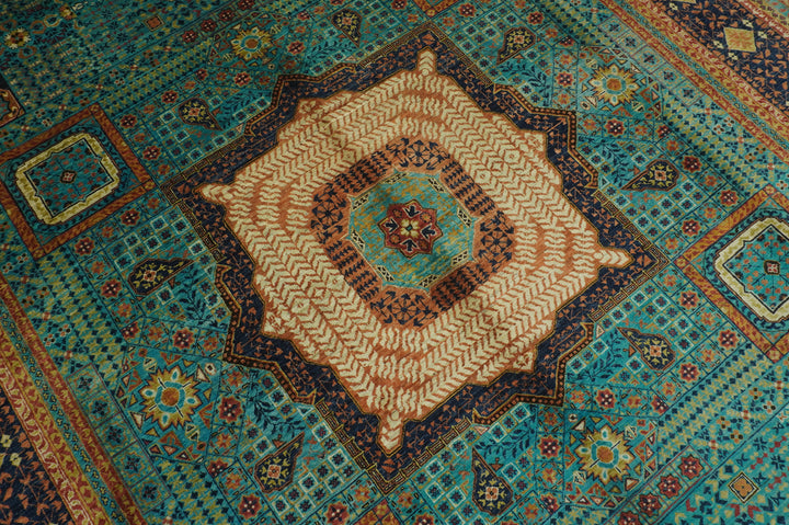 9x12 Turquoise Blue Mamluk Hand knotted Geometric Turkish Rug