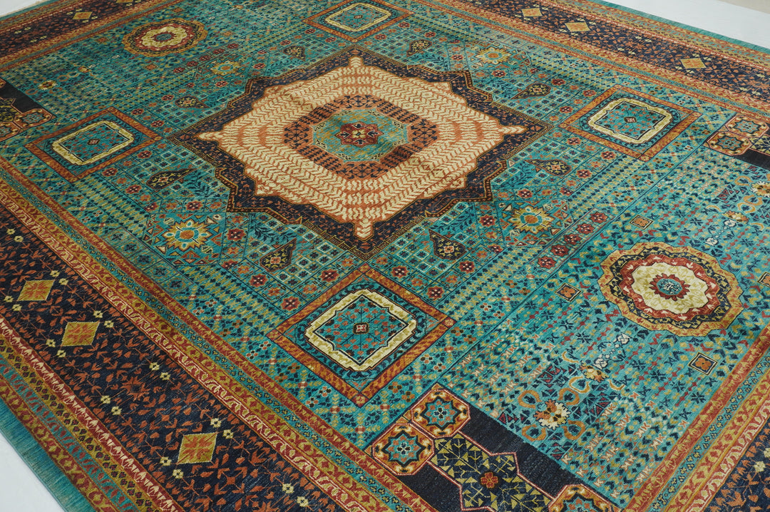 9x12 Turquoise Blue Mamluk Hand knotted Geometric Turkish Rug