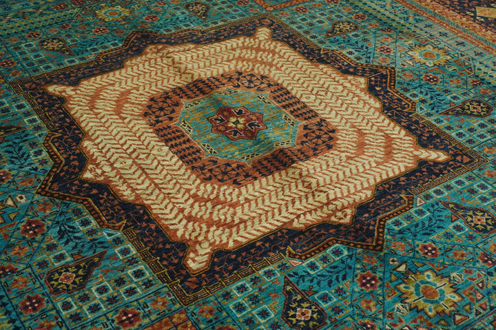 9x12 Turquoise Blue Mamluk Hand knotted Geometric Turkish Rug