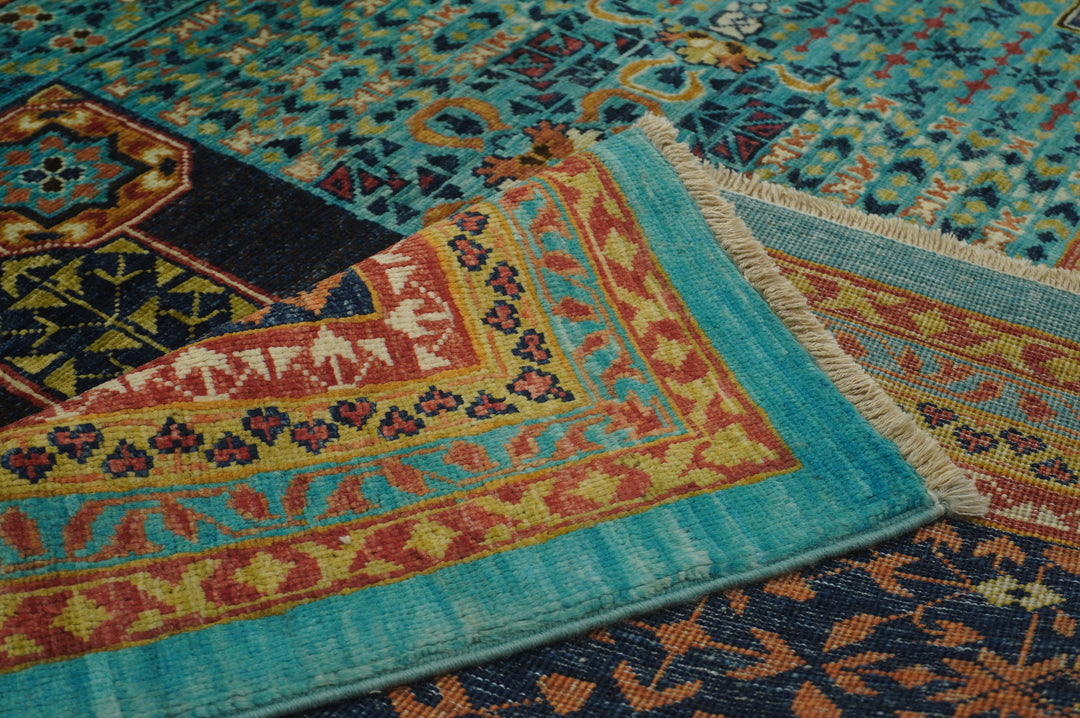 9x12 Turquoise Blue Mamluk Hand knotted Geometric Turkish Rug