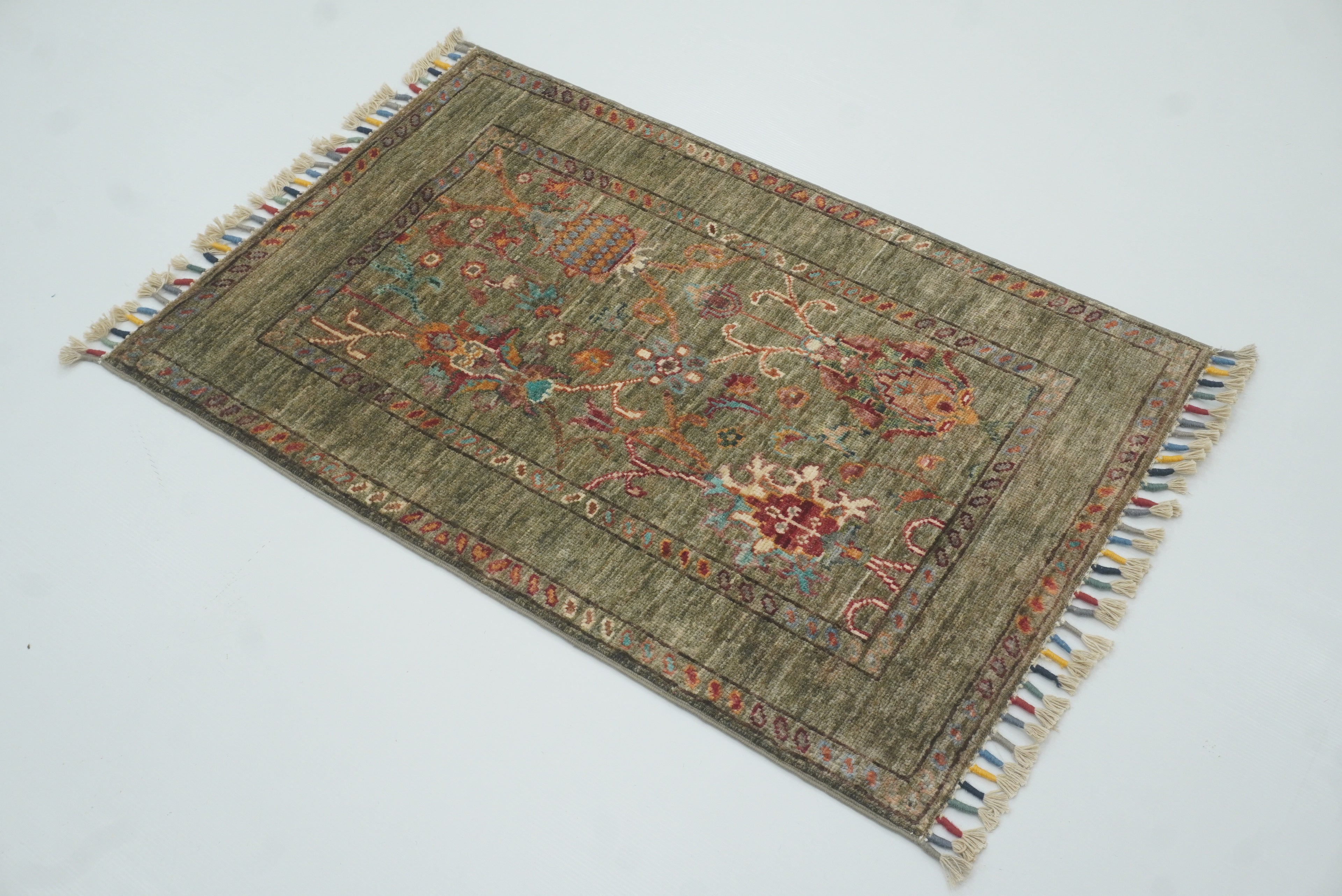 2x3 Green Afghan Waziri Floral Hand Knotted Rug - Yildiz Rugs