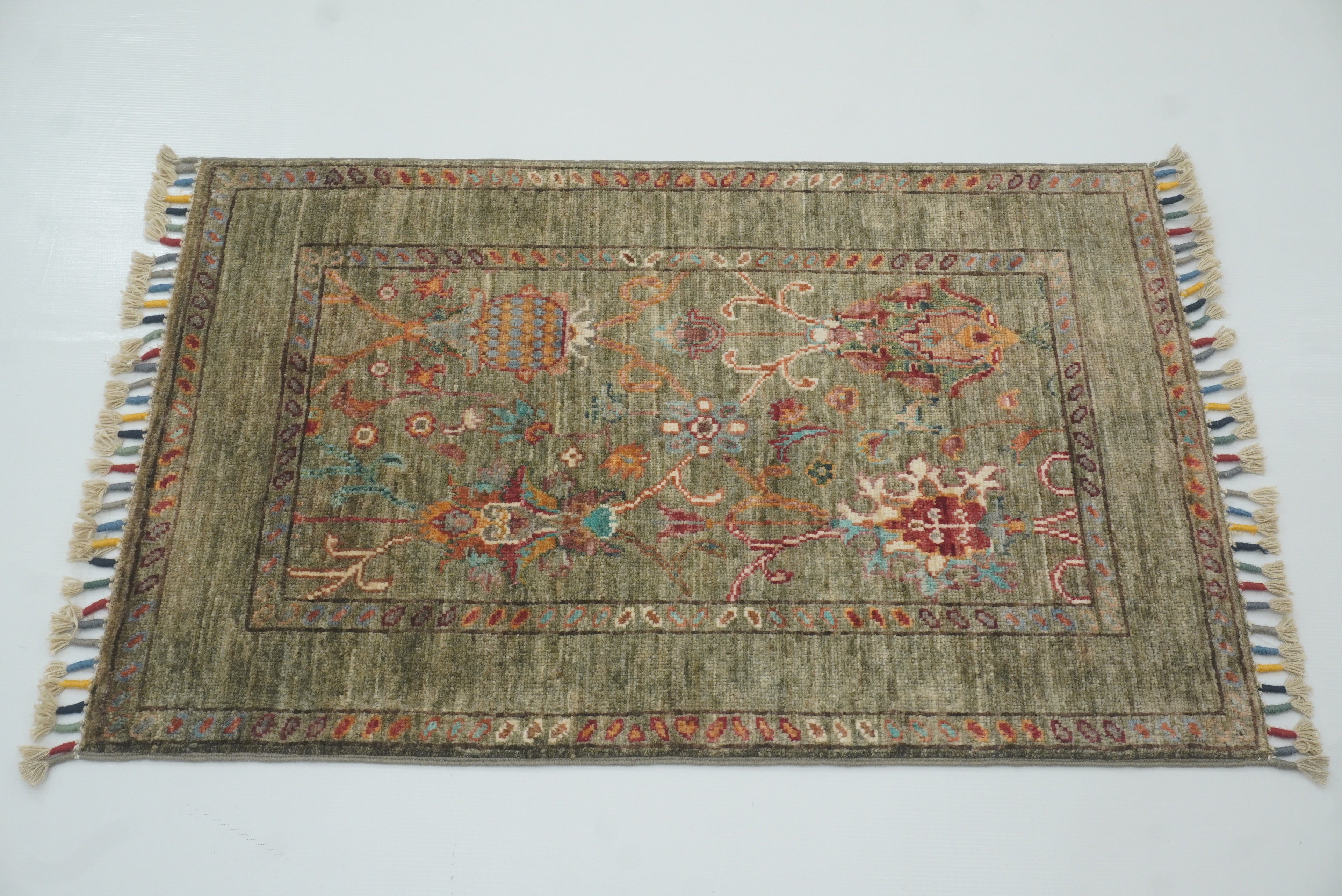 2x3 Green Afghan Waziri Floral Hand Knotted Rug - Yildiz Rugs