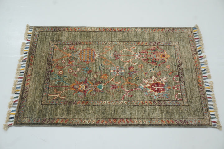 2x3 Green Afghan Waziri Floral Hand Knotted Rug - Yildiz Rugs
