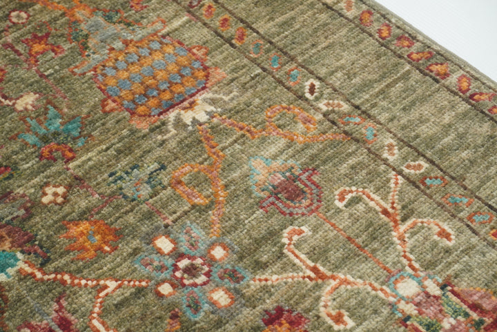 2x3 Green Afghan Waziri Floral Hand Knotted Rug - Yildiz Rugs