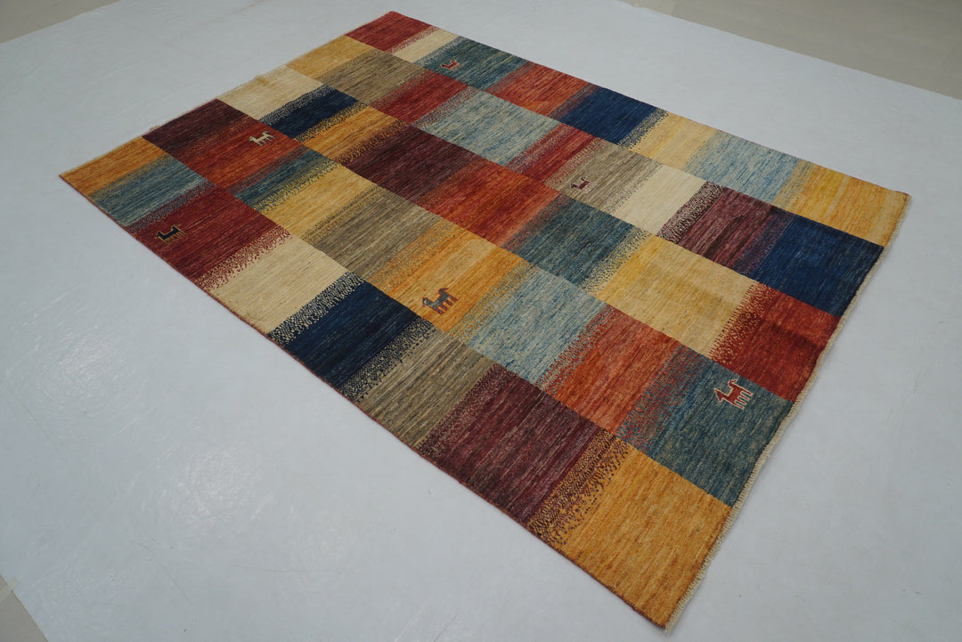 5'5"x7'6" Nomadic Gabbeh Multicolor Checkered Afghan Tribal Rug