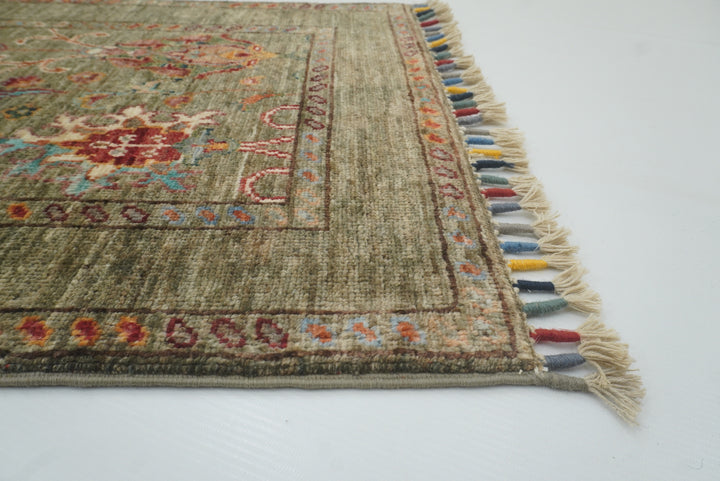 2x3 Green Afghan Waziri Floral Hand Knotted Rug - Yildiz Rugs