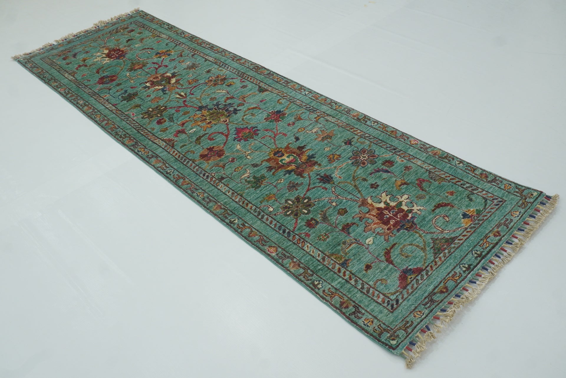 9 ft Waziri Turquoise Blue Afghan Hand-Knotted Wool Runner Rug - Yildiz Rugs