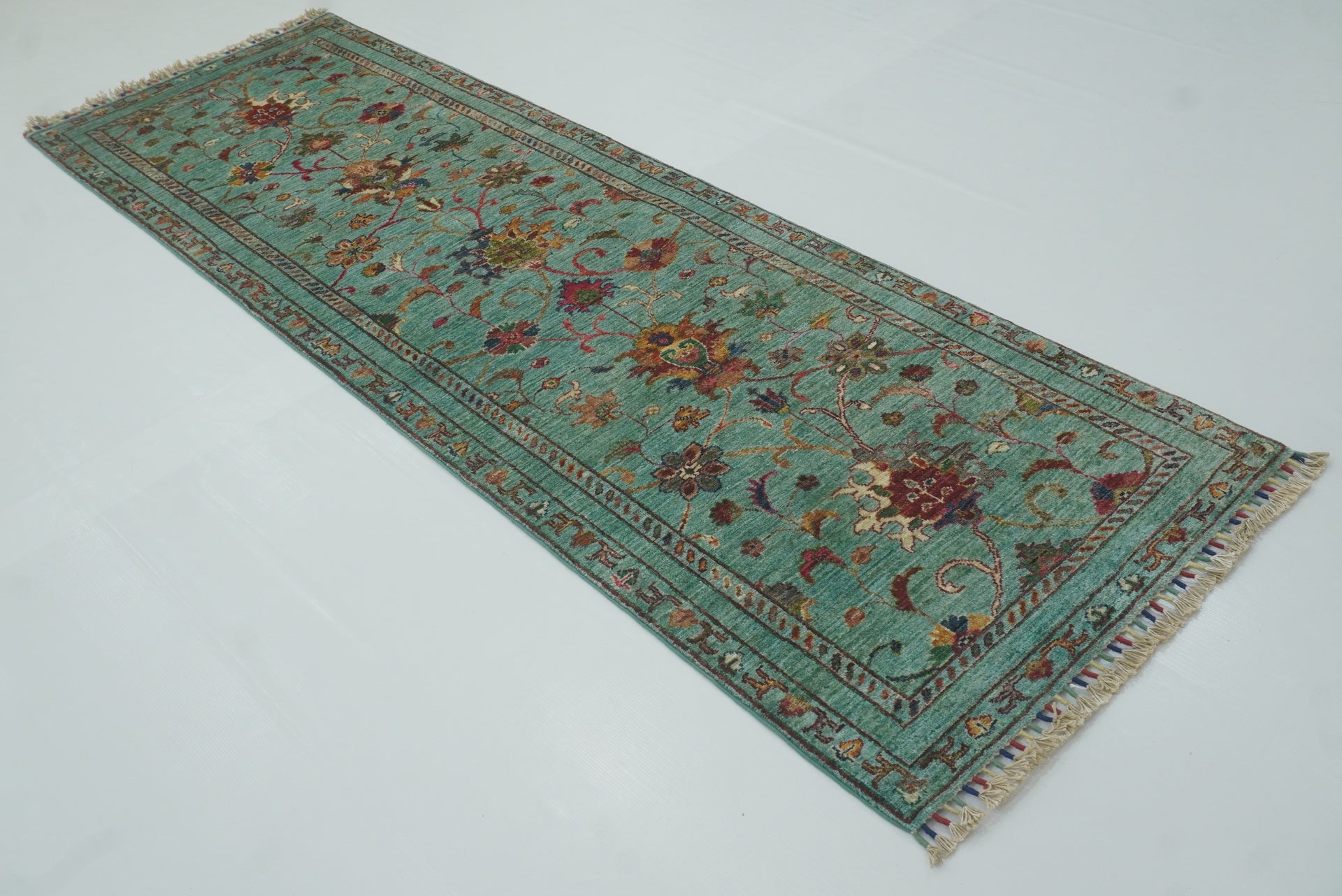 9 ft Waziri Turquoise Blue Afghan Hand-Knotted Wool Runner Rug - Yildiz Rugs