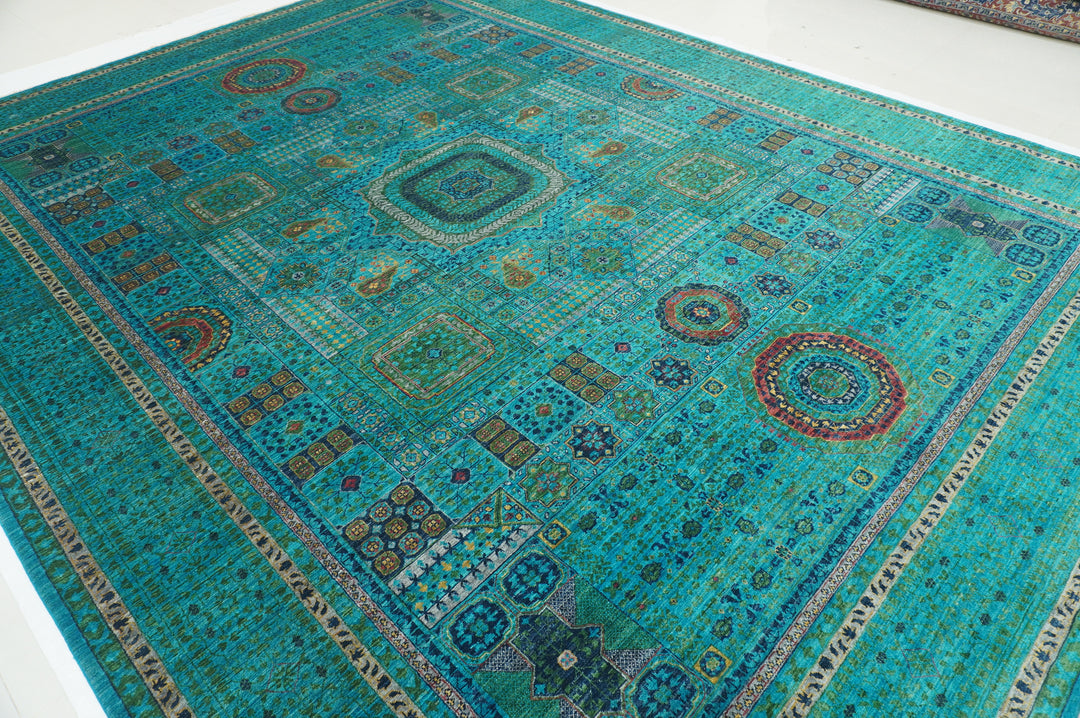 10x13 Turquoise Sky Blue Mamluk Turkish Fine Hand Knotted Medallion Rug - Yildiz Rugs