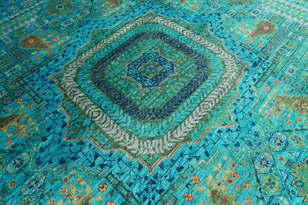 10x13 Turquoise Sky Blue Mamluk Turkish Fine Hand Knotted Medallion Rug - Yildiz Rugs