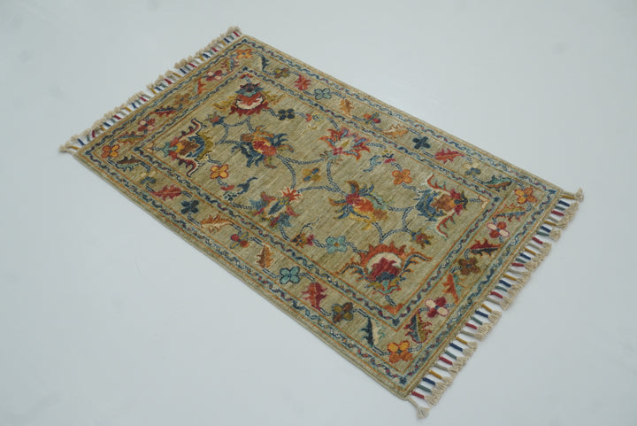 2x3 Green Afghan Waziri Floral Hand Knotted Rug - Yildiz Rugs