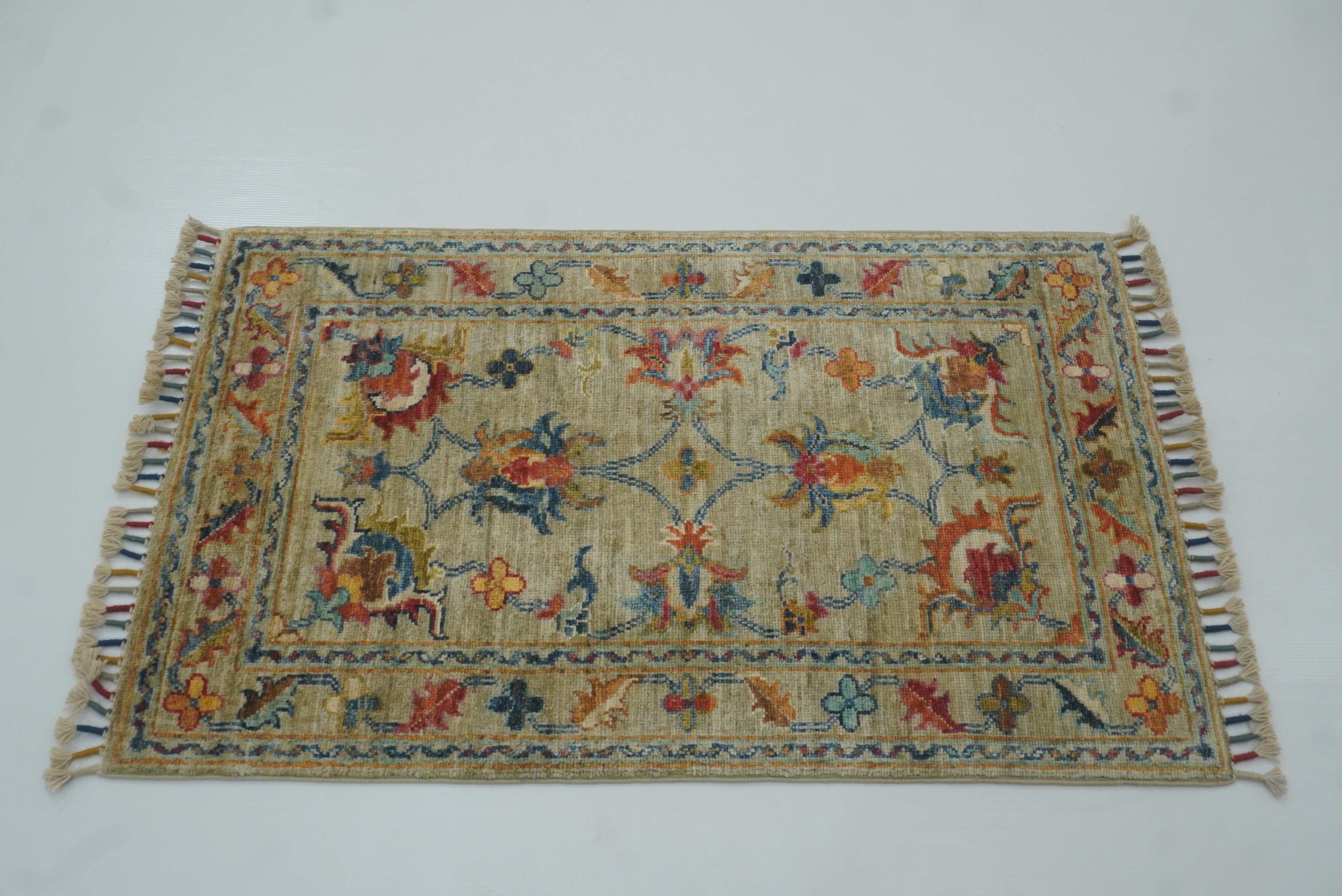 2x3 Green Afghan Waziri Floral Hand Knotted Rug - Yildiz Rugs