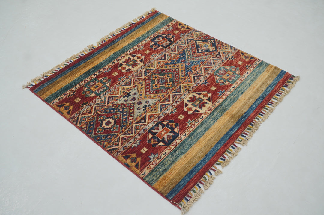 3x3 Red Tribal Afghan Square Rug