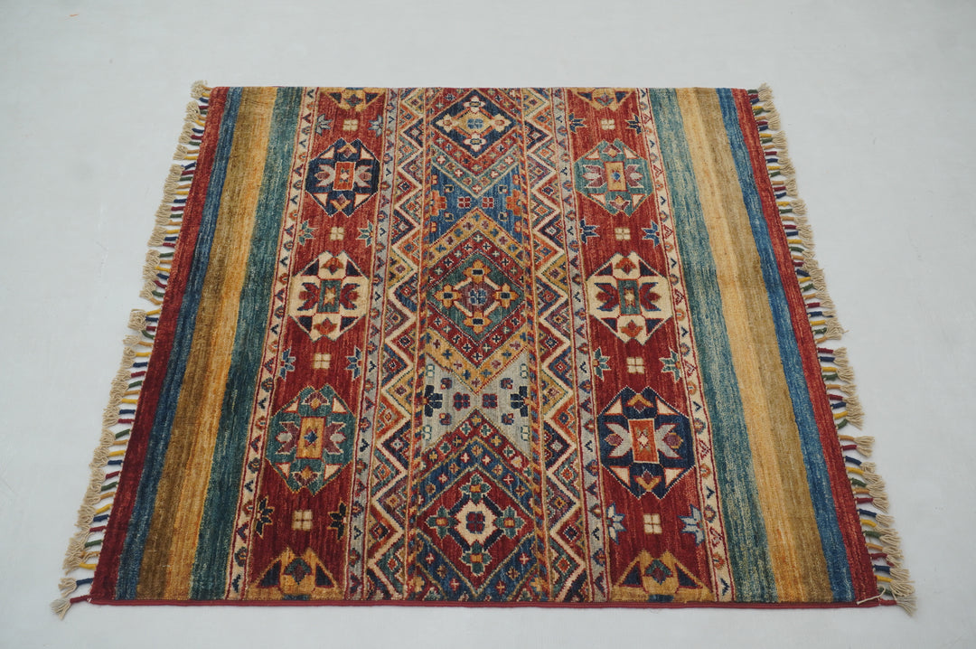 3x3 Red Tribal Afghan Square Rug