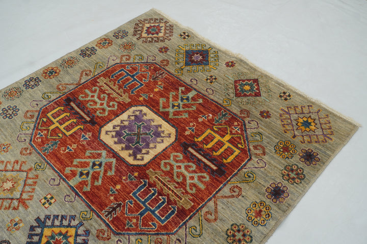 4x10 Gray Kazak Afghan Hand knotted Wide Runner Rug