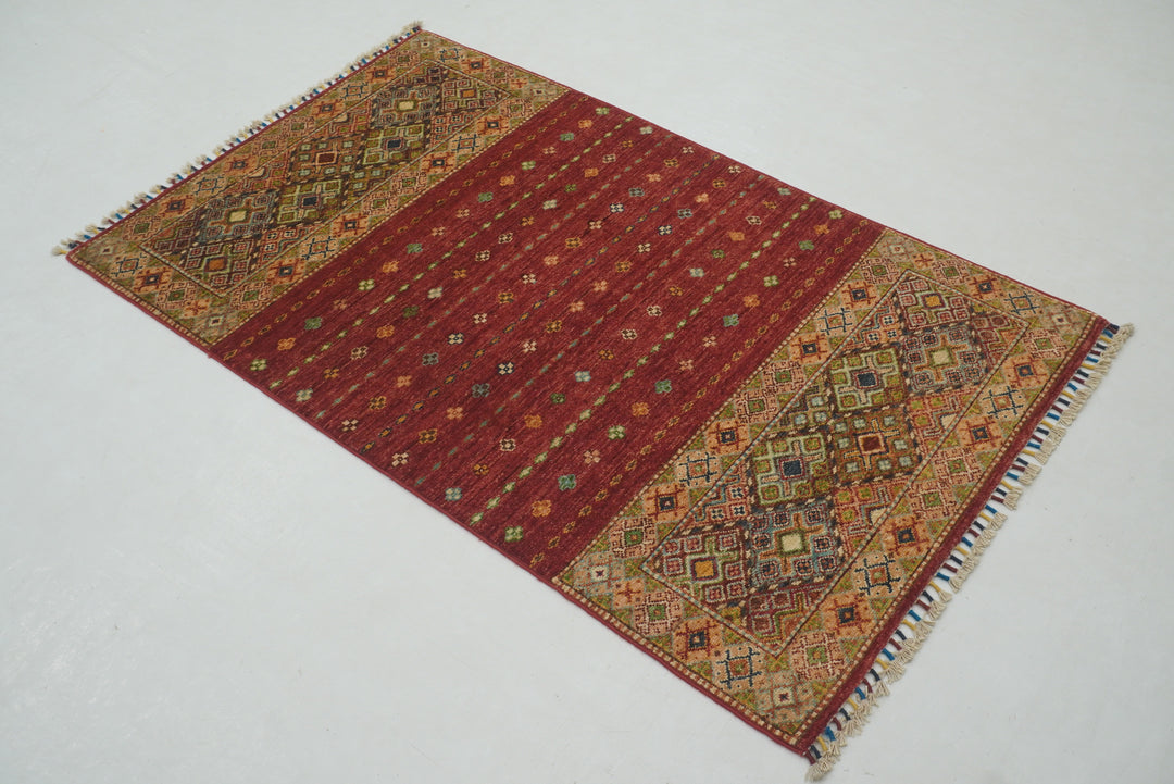 3x5 Red Afghan Hand Knotted Tribal Khorjin Rug