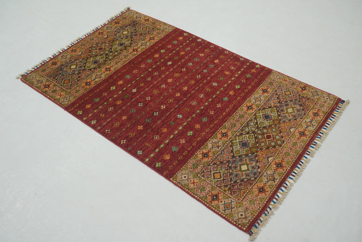 3x5 Red Afghan Hand Knotted Tribal Khorjin Rug