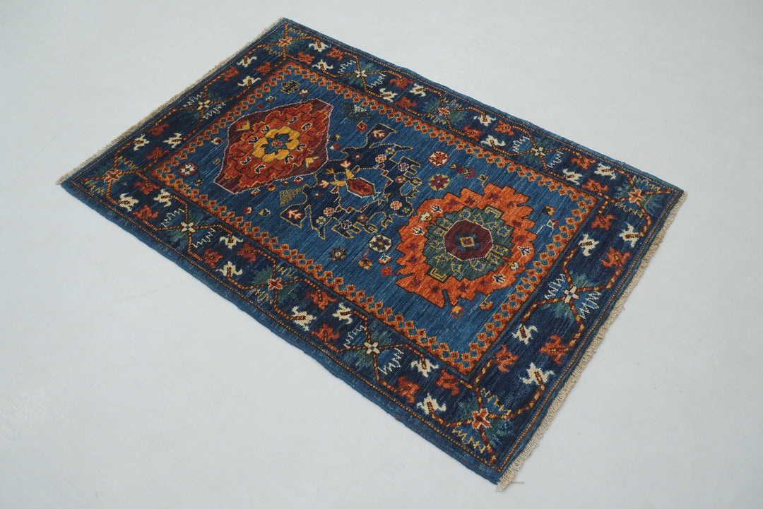 3x4 Navy Blue Baluch Afghan Hand knotted Oriental Rug