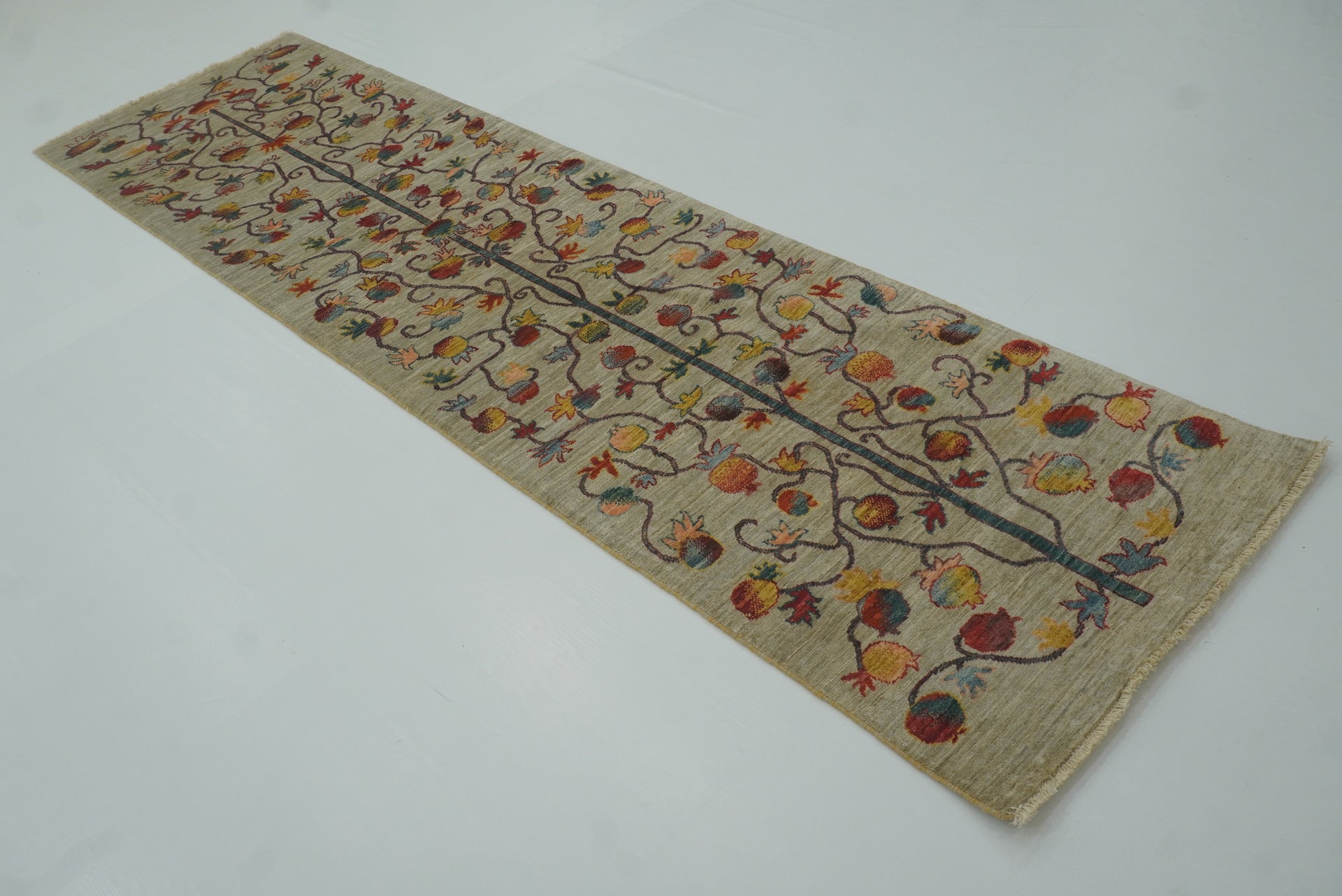 10 ft Gray Gabbeh Tree Afghan Hand Knotted Wool Runner Rug