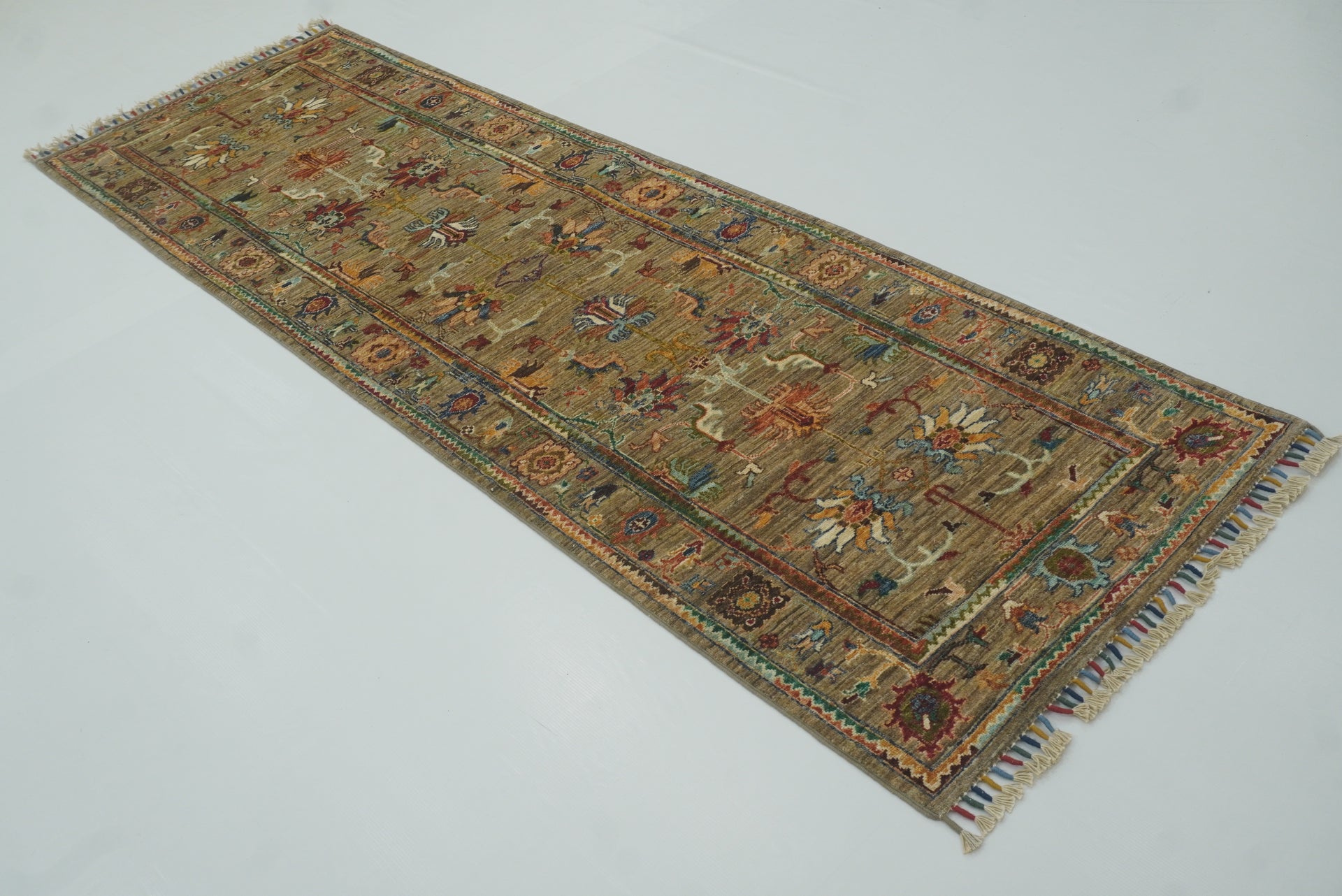 2'9"x8'6" Waziri Gray Afghan Hand-Knotted Wool Runner Rug