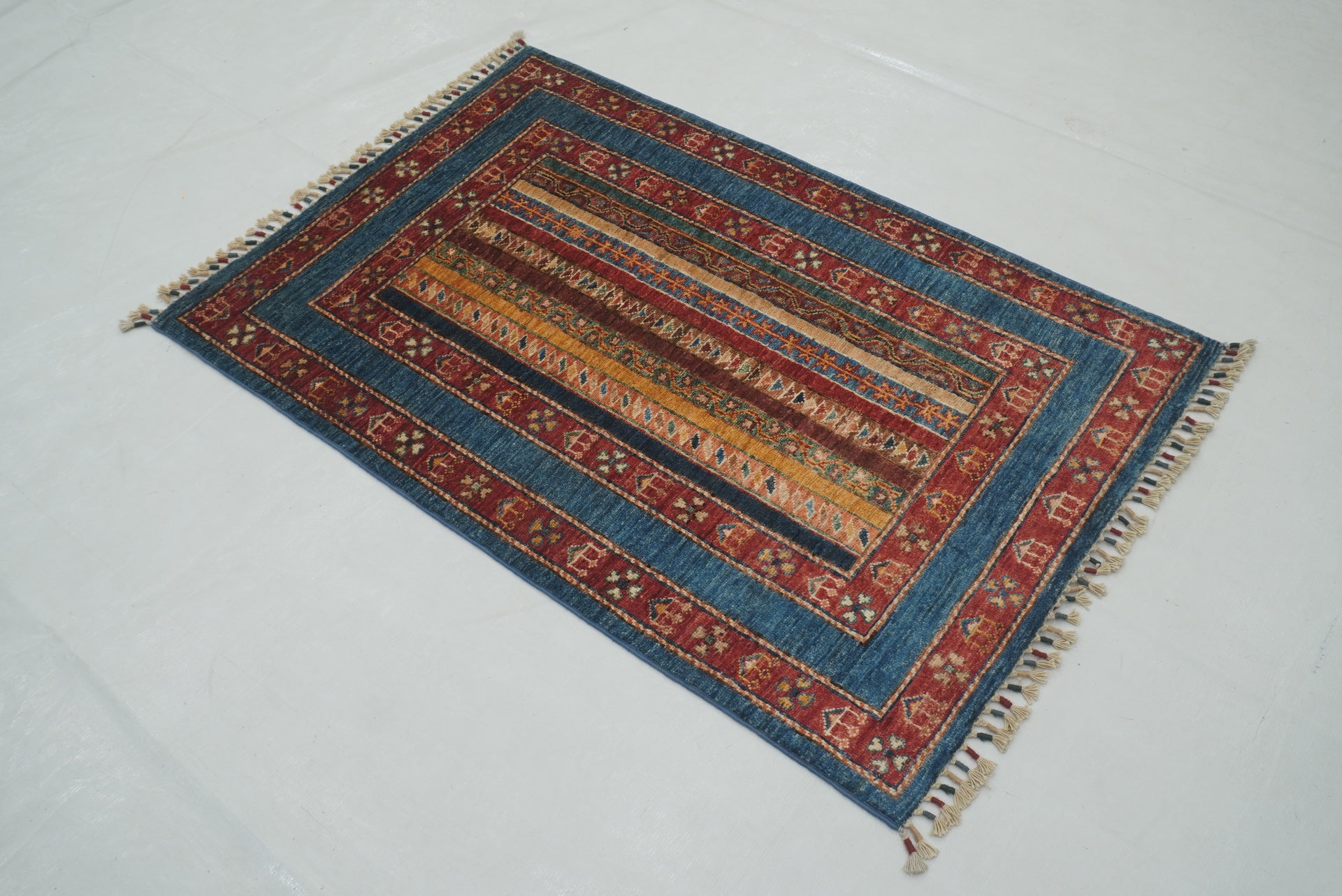 3x4 Blue Turkish Striped Shawl Pattern Hand knotted Rug