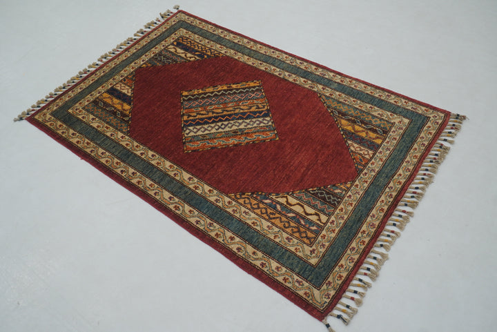 3x5 Red Turkish Shawl Hand Knotted Striped Rug