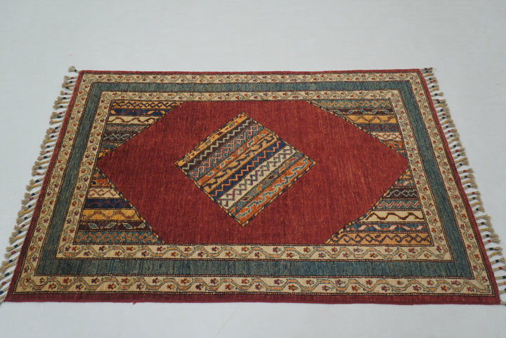 3x5 Red Turkish Shawl Hand Knotted Striped Rug